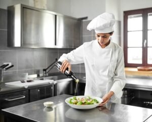 A chef prepares a salad