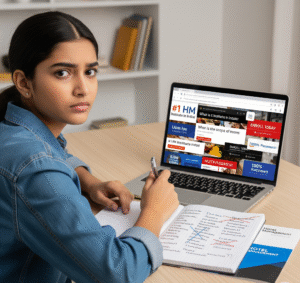 A young Indian girl, about 17 years old, sits at a wooden desk with a confused and slightly frustrated expression. She holds a pen and looks directly at the camera. Her open laptop screen, angled towards the viewer, shows a Google search for "What is the scope of hotel management?" and is overwhelmed with chaotic, brightly colored pop-up ads for "Number 1 HM Institute in India" and "100% Placement!" On the desk is a notebook filled with crossed-out names of institutes and a hotel management brochure peeking out. The background is a softly lit room with a bookshelf.